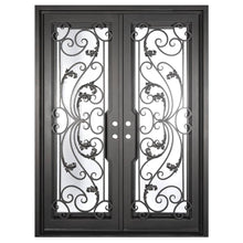 Load image into Gallery viewer, Double doors for an entryway made with a thick iron and steel frame and full paneled windows behind an intricate iron design. Doors are thermally broken to protect from extreme weather.