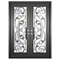 Double entryway doors made with a thick iron and steel frame and a full-length glass panel behind an intricate iron design.