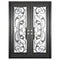 Double entryway doors made with a thick iron and steel frame and a full-length glass panel behind an intricate iron design.
