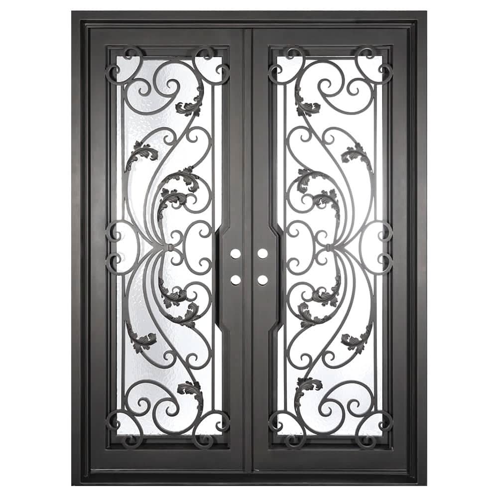 Double entryway doors made with a thick iron and steel frame and a full-length glass panel behind an intricate iron design.