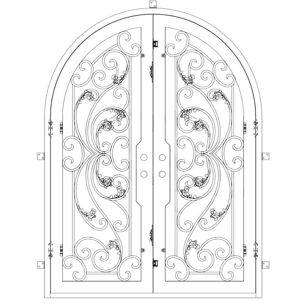 Double entryway doors made with a thick iron and steel frame and a full-length glass panel behind an intricate iron design.