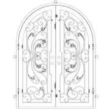 Load image into Gallery viewer, Entryway double doors with a full arch and two full glass panels behind an intricate iron design. Doors are thermally broken to protect from extreme weather.