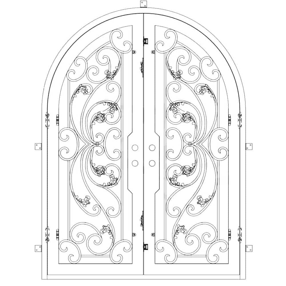 Entryway double doors with a full arch and two full glass panels behind an intricate iron design. Doors are thermally broken to protect from extreme weather.