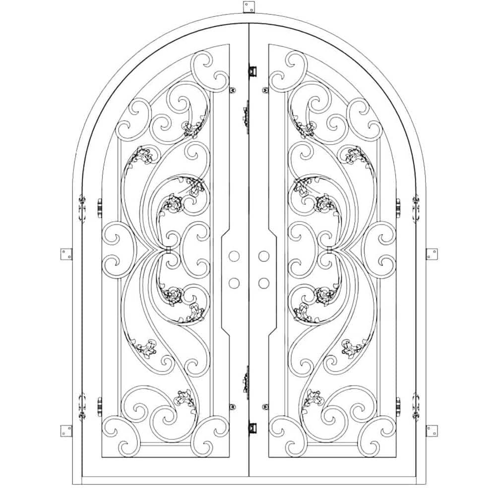 Entryway double doors with a full arch and two full glass panels behind an intricate iron design. Doors are thermally broken to protect from extreme weather.