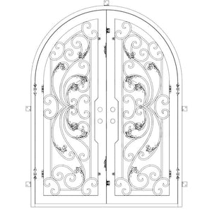 Entryway double doors with a full arch and two full glass panels behind an intricate iron design. Doors are thermally broken to protect from extreme weather.