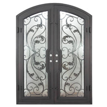 Load image into Gallery viewer, Double doors for an entryway made with a thick iron and steel frame, a slight arch at the top, and full paneled windows behind an intricate iron design. Doors are thermally broken to protect from extreme weather.