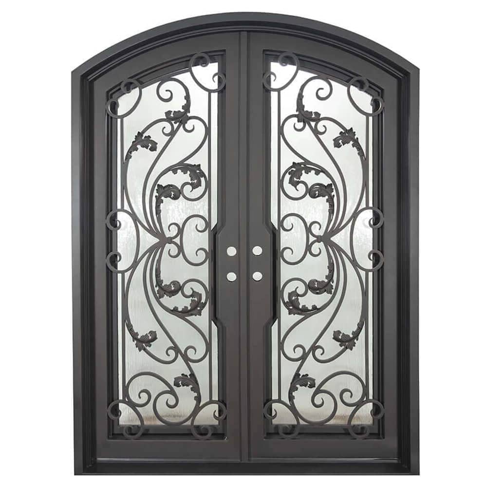 Double doors for an entryway made with a thick iron and steel frame, a slight arch at the top, and full paneled windows behind an intricate iron design. Doors are thermally broken to protect from extreme weather.