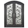 Double entryway doors made with a thick iron and steel frame and a full-length glass panel behind an intricate iron design.