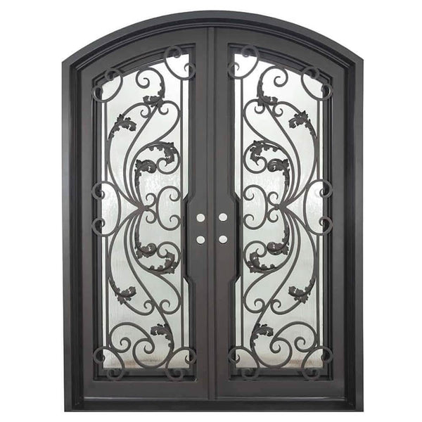 Dream iron double door in bronze finish with glass windows and arched style.