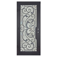 Load image into Gallery viewer, Single entryway door with a thick iron frame and a full panel of glass behind an intricate iron design. Door is thermally broken to protect from extreme weather.