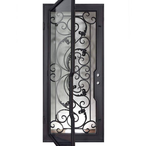 Single entryway door with a thick iron frame and a full panel of glass behind an intricate iron design. Door is thermally broken to protect from extreme weather.