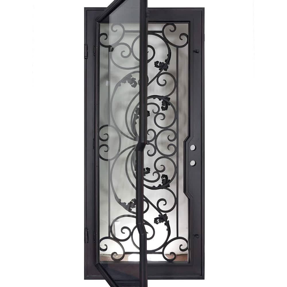 Dream Architectural bronze iron flat top single door with double-pane glass.