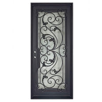 Single entryway door with a thick iron frame and a full panel of glass behind an intricate iron design. Door is thermally broken to protect from extreme weather.