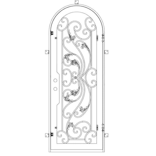 Single entryway door with a thick iron frame, a full arch and a full panel of glass behind an intricate iron design. Door is thermally broken to protect from extreme weather.