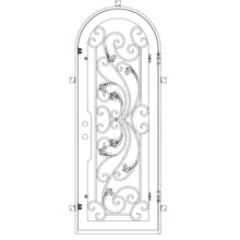Load image into Gallery viewer, Single entryway door with a thick iron frame, a full arch and a full panel of glass behind an intricate iron design. Door is thermally broken to protect from extreme weather.