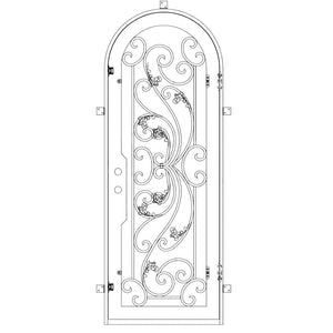 Single entryway door with a thick iron frame, a full arch and a full panel of glass behind an intricate iron design. Door is thermally broken to protect from extreme weather.