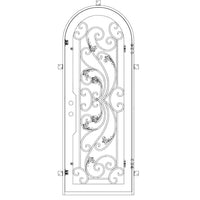 Single entryway door with a thick iron frame, a full arch and a full panel of glass behind an intricate iron design. Door is thermally broken to protect from extreme weather.