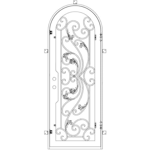 Single entryway door with a thick iron frame, a slight arch and a full panel of glass behind an intricate iron design.