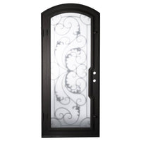 Single entryway door with a thick iron frame, a slight arch and a full panel of glass behind an intricate iron design. Door is thermally broken to protect from extreme weather.