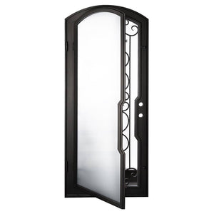 Single entryway door with a thick iron frame, a slight arch and a full panel of glass behind an intricate iron design. Door is thermally broken to protect from extreme weather.