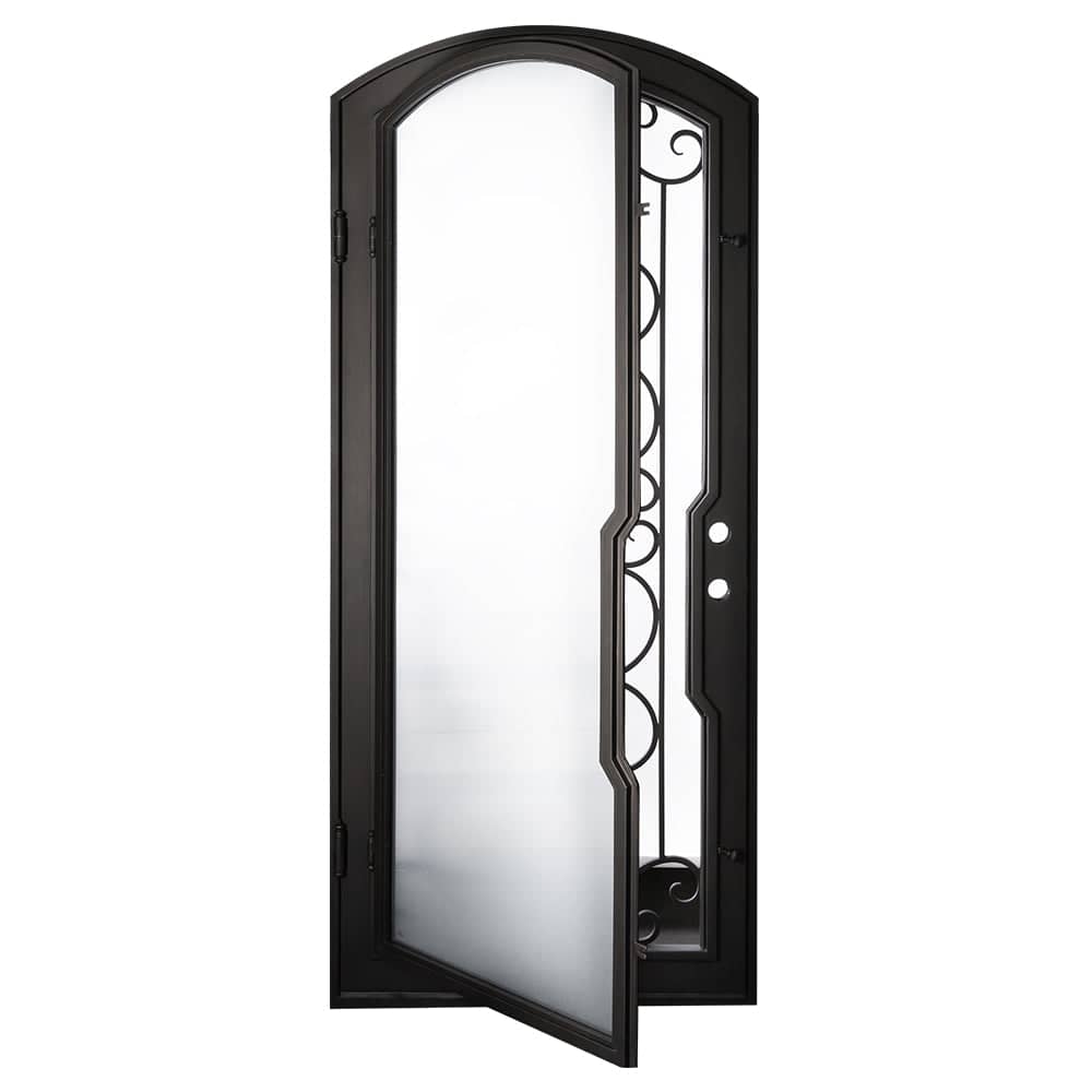 Dream pre-hung black wrought iron single arch top door with dual-pane glass.