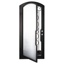 Load image into Gallery viewer, Single entryway door with a thick iron frame, a slight arch and a full panel of glass behind an intricate iron design. Door is thermally broken to protect from extreme weather.