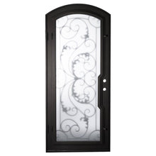 Load image into Gallery viewer, Single entryway door with a thick iron frame, a slight arch and a full panel of glass behind an intricate iron design. Door is thermally broken to protect from extreme weather.