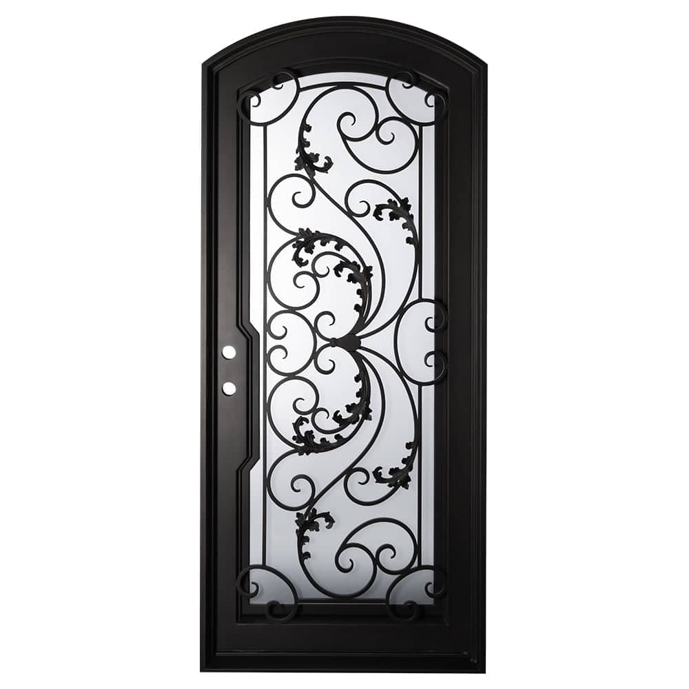 Single entryway door with a thick iron frame, a slight arch and a full panel of glass behind an intricate iron design. Door is thermally broken to protect from extreme weather.