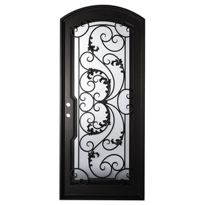 Single entryway door with a thick iron frame, a slight arch and a full panel of glass behind an intricate iron design. Door is thermally broken to protect from extreme weather.