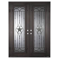 Double entryway doors with a glass panel behind intricate iron detailing. Doors are made of iron and steel and are thermally broken to protect from extreme weather.