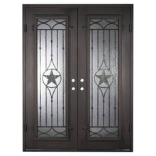 Load image into Gallery viewer, Double entryway doors with a glass panel behind intricate iron detailing. Doors are made of iron and steel and are thermally broken to protect from extreme weather.