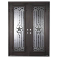 Double entryway doors with a thick iron and steel frame and a full length glass panel on each door behind an iron pattern with a large star in the center. Doors are thermally broken to protect from extreme weather.
