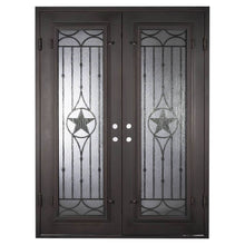 Load image into Gallery viewer, Double entryway doors with a thick iron and steel frame and a full length glass panel on each door behind an iron pattern with a large star in the center. Doors are thermally broken to protect from extreme weather.