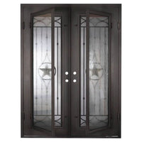 Double entryway doors with a glass panel behind intricate iron detailing. Doors are made of iron and steel and are thermally broken to protect from extreme weather.