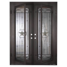 Load image into Gallery viewer, Double entryway doors with a thick iron and steel frame and a full length glass panel on each door behind an iron pattern with a large star in the center. Doors are thermally broken to protect from extreme weather.