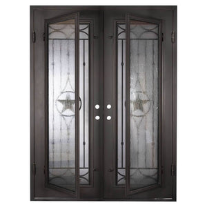 Double entryway doors with a thick iron and steel frame and a full length glass panel on each door behind an iron pattern with a large star in the center. Doors are thermally broken to protect from extreme weather.