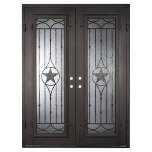 Double entryway doors with a thick iron and steel frame and a full length glass panel on each door behind an iron pattern with a large star in the center. Doors are thermally broken to protect from extreme weather.