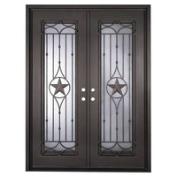 Double entryway doors with a glass panel behind intricate iron detailing. Doors are made of iron and steel and are thermally broken to protect from extreme weather.