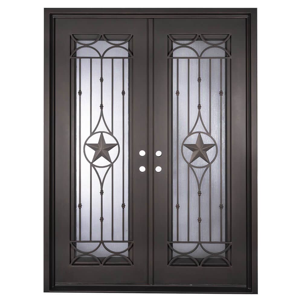 Double entryway doors with a thick iron and steel frame and a full length glass panel on each door behind an iron pattern with a large star in the center. Doors are thermally broken to protect from extreme weather.