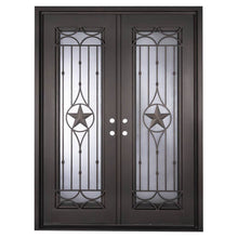 Load image into Gallery viewer, Double entryway doors with a thick iron and steel frame and a full length glass panel on each door behind an iron pattern with a large star in the center. Doors are thermally broken to protect from extreme weather.