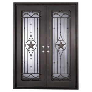 Double entryway doors with a thick iron and steel frame and a full length glass panel on each door behind an iron pattern with a large star in the center. Doors are thermally broken to protect from extreme weather.