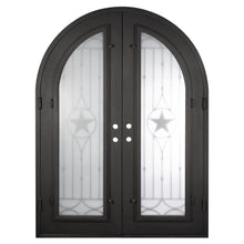 Load image into Gallery viewer, Double entryway doors with a thick iron and steel frame and a full length glass panel on each door behind an iron pattern with a large star in the center. Doors have a full arch and are thermally broken to protect from extreme weather.