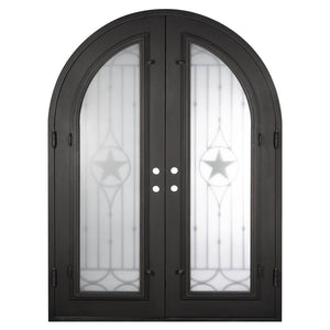 Double entryway doors with a thick iron and steel frame and a full length glass panel on each door behind an iron pattern with a large star in the center. Doors have a full arch and are thermally broken to protect from extreme weather.