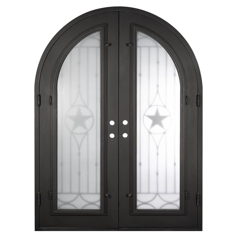 Line Star full arch top iron entry door in bronze color with clear glass.
