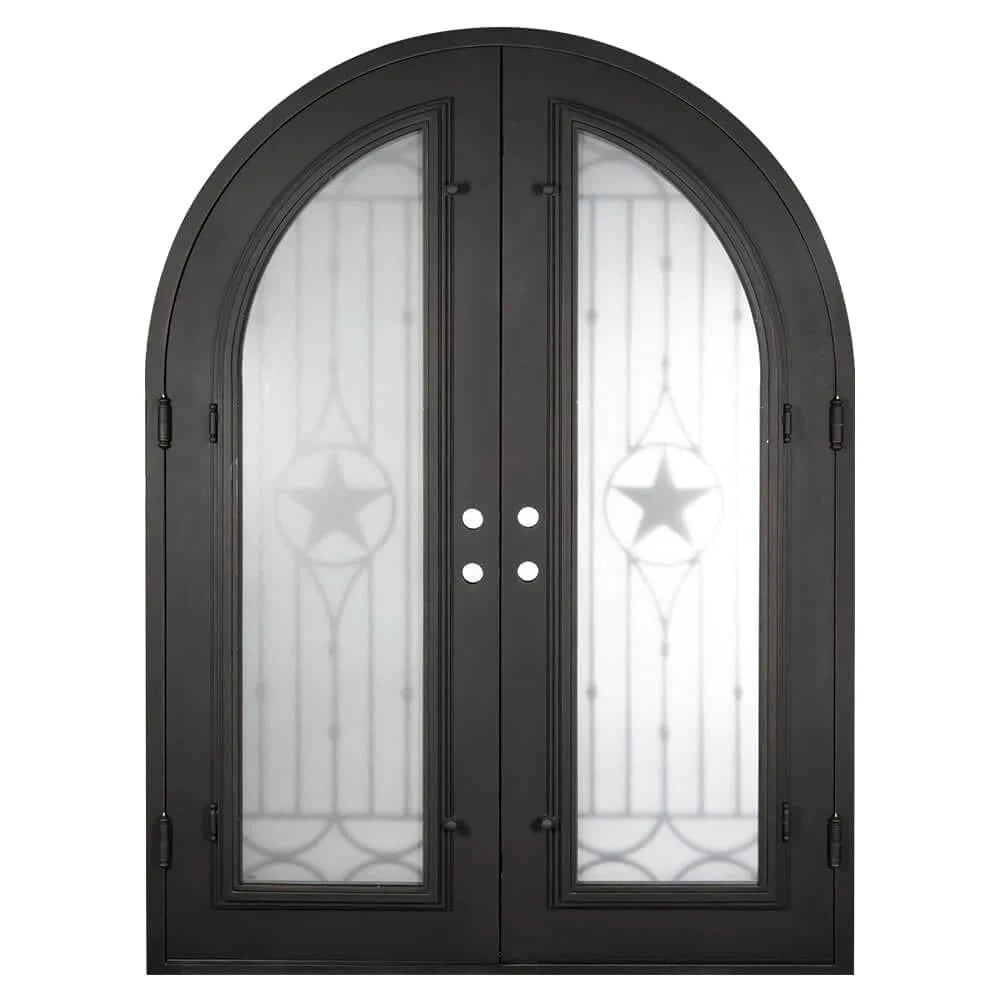 Line Star round top iron entry door with clear glass.