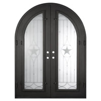 Double entryway doors with a glass panel behind intricate iron detailing. Doors are made of iron and steel and are thermally broken to protect from extreme weather.