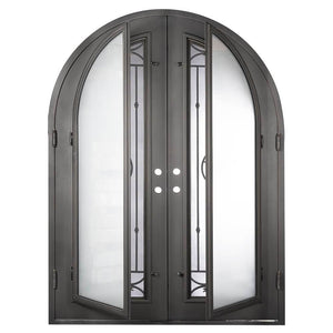 Double entryway doors with a thick iron and steel frame and a full length glass panel on each door behind an iron pattern with a large star in the center. Doors have a full arch and are thermally broken to protect from extreme weather.