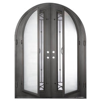 Double entryway doors with a thick iron and steel frame and a full length glass panel on each door behind an iron pattern with a large star in the center. Doors have a full arch and are thermally broken to protect from extreme weather.