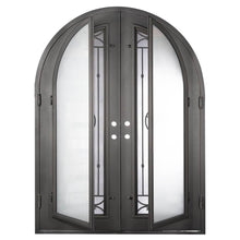 Load image into Gallery viewer, Double entryway doors with a thick iron and steel frame and a full length glass panel on each door behind an iron pattern with a large star in the center. Doors have a full arch and are thermally broken to protect from extreme weather.