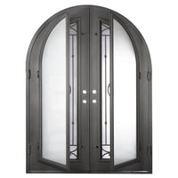 Double entryway doors with a glass panel behind intricate iron detailing. Doors are made of iron and steel and are thermally broken to protect from extreme weather.